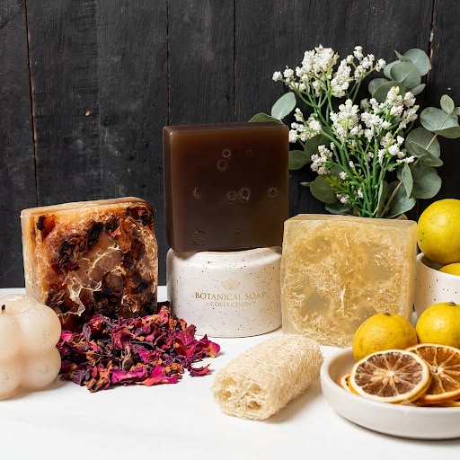 ORGO FARM handmade botanical soap collection with rose petals and lemons