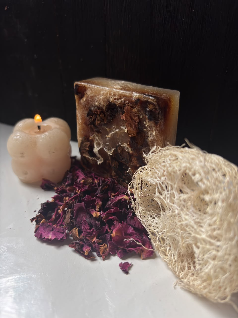 Handmade ORGO FARM rose soap bar with dried petals